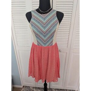 Flying Tomato Dress Women's S Mixed Media Lace Tribal Coral Sleeveless Back Zip